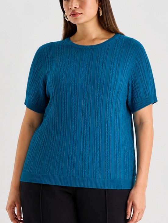 Sag Harbor Tops - Sag Harbor Woman Teal Cable Knit Sweater Top Size 1X Short Sleeve Classic